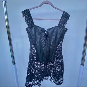 Y2K Dream Girl Black Faux Leather & Crochet Lace Lingerie Dress Size 38 Large